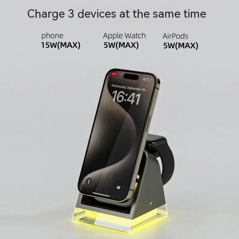 Black 3-in-1 magnetic wireless charger with night lamp, 15W Type-C, 118 x 104 x 78mm