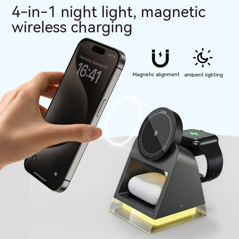 Black 3-in-1 magnetic wireless charger with night lamp, 15W Type-C, 118 x 104 x 78mm