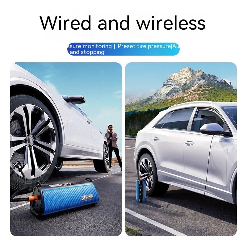 Portable car air pump with LED light and digital display showing pressure reading