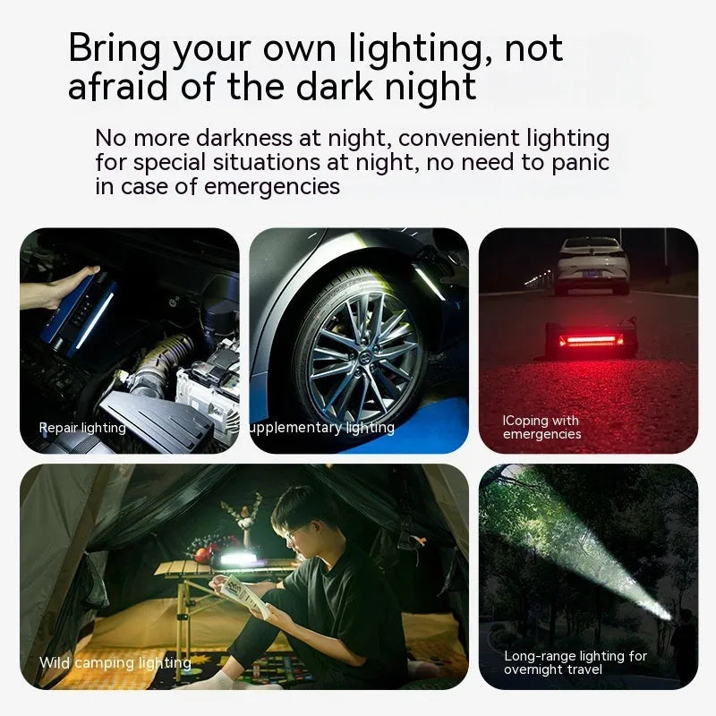 Portable car air pump with LED light and digital display showing pressure reading