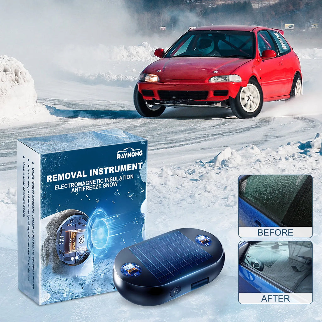 Compact car windscreen anti-freezing tool with adhesive tape and rotary switch