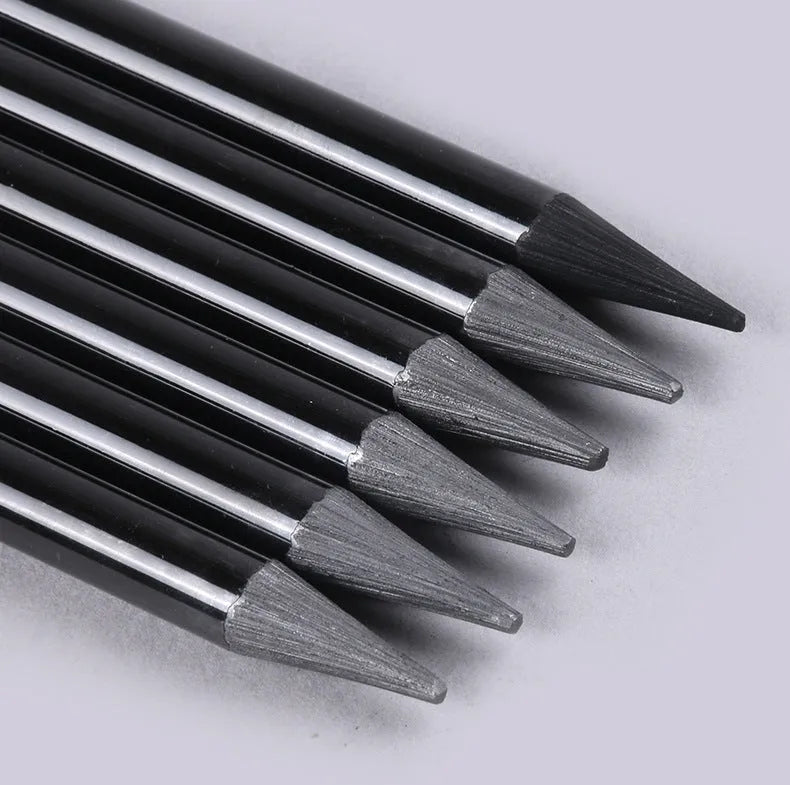 Set of nine drawing pencils with wooden shells, comprising six graphite and three carbonised pencils, on a suction card.