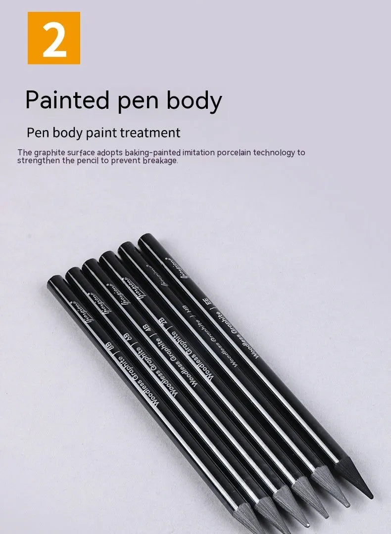 Set of nine drawing pencils with wooden shells, comprising six graphite and three carbonised pencils, on a suction card.