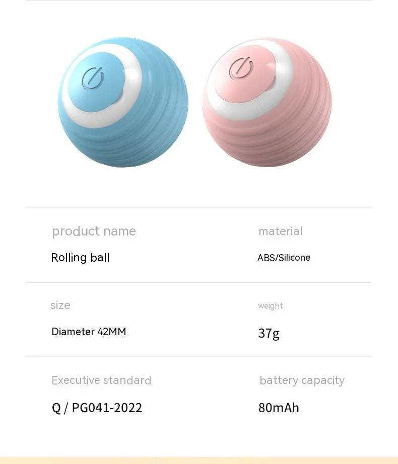Blue automatic rechargeable moving ball cat toy on a wooden floor.