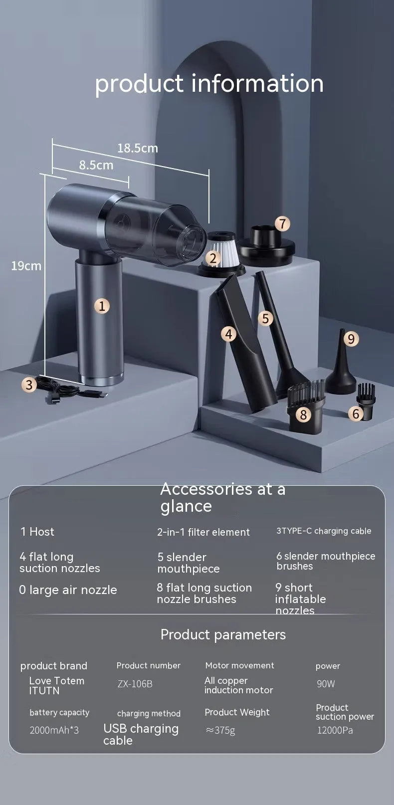 Space grey handheld wireless car vacuum cleaner and inflator with brushless motor