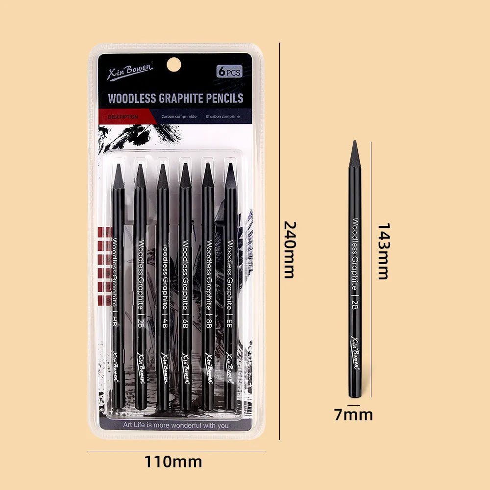 Set of wood-free graphite sketching pencils in grades HB, 2B, 4B, 6B, 8B, and EE.