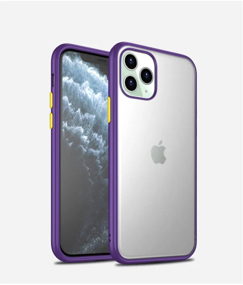 Frosted TPU and hard PC protective phone case for iPhone 11 models in black, green, purple, or red