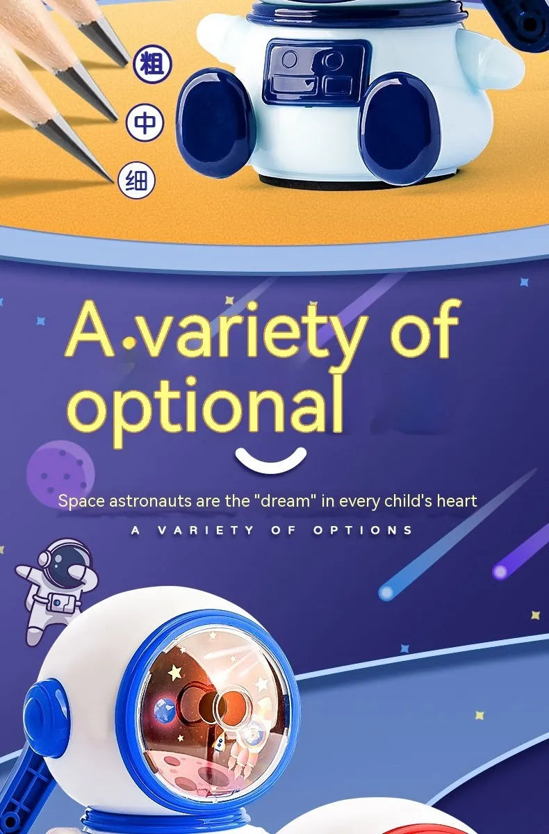 Blue cartoon astronaut manual pencil sharpener with anti-lead feature and adjustable levels