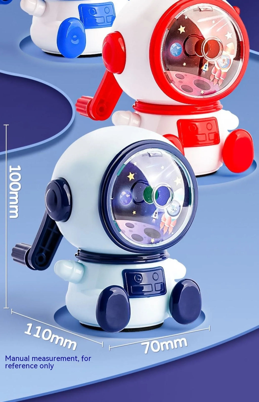 Blue cartoon astronaut manual pencil sharpener with anti-lead feature and adjustable levels