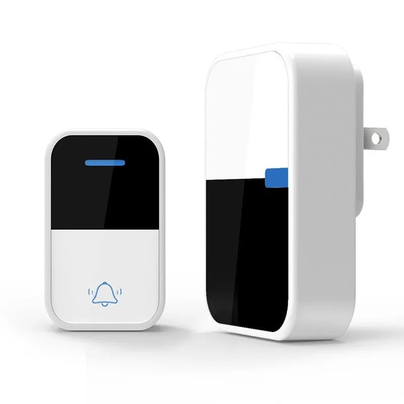 White wireless doorbell kit with self-powered button and receiver showing 150-metre range