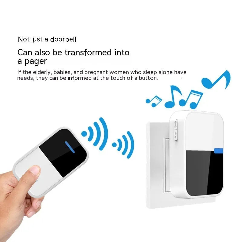 White wireless doorbell kit with self-powered button and receiver showing 150-metre range