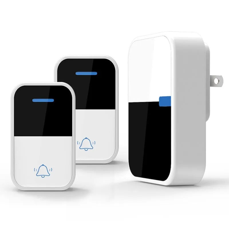 White wireless doorbell kit with self-powered button and receiver showing 150-metre range
