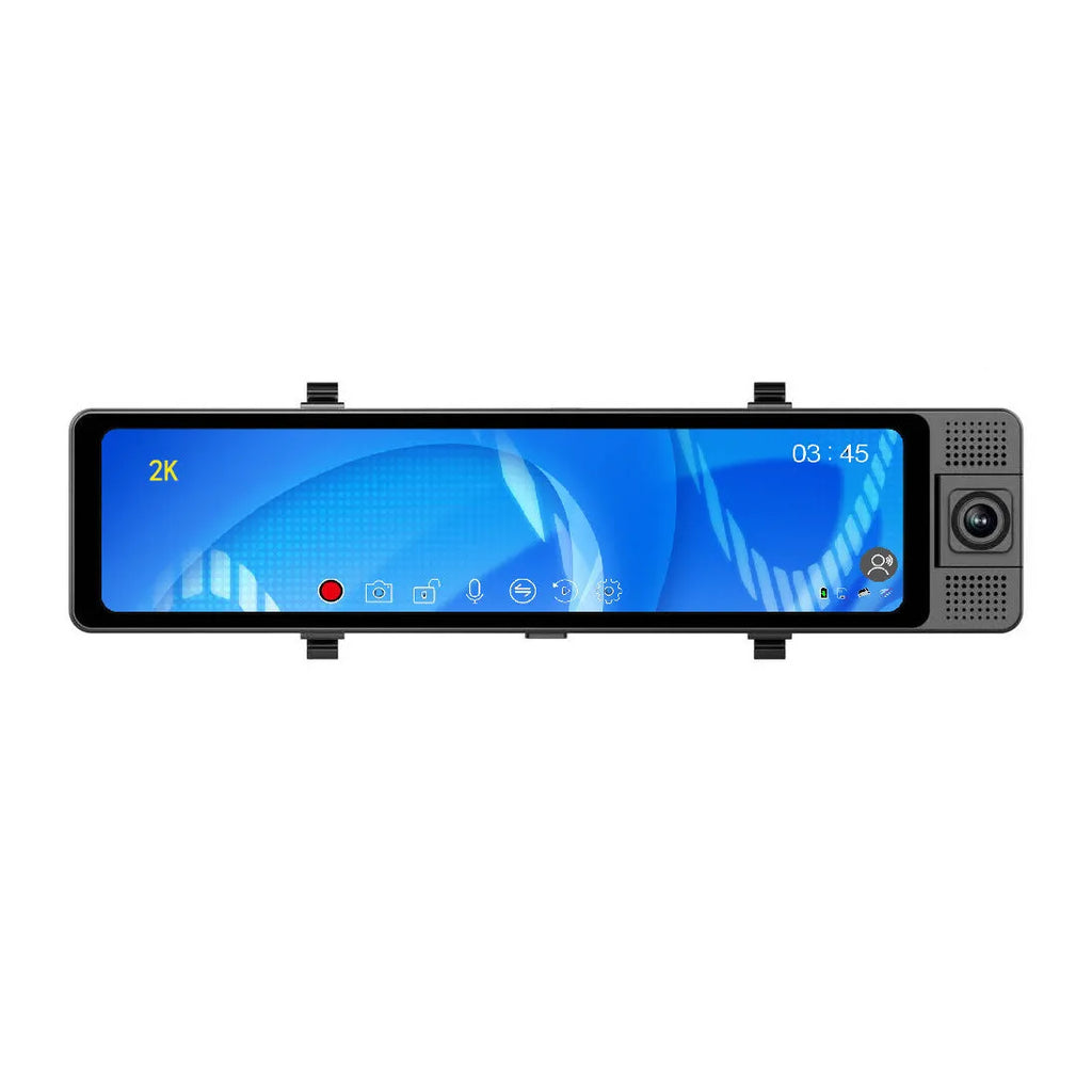 12-inch touchscreen car dash cam and reversing camera system with rear camera on black background