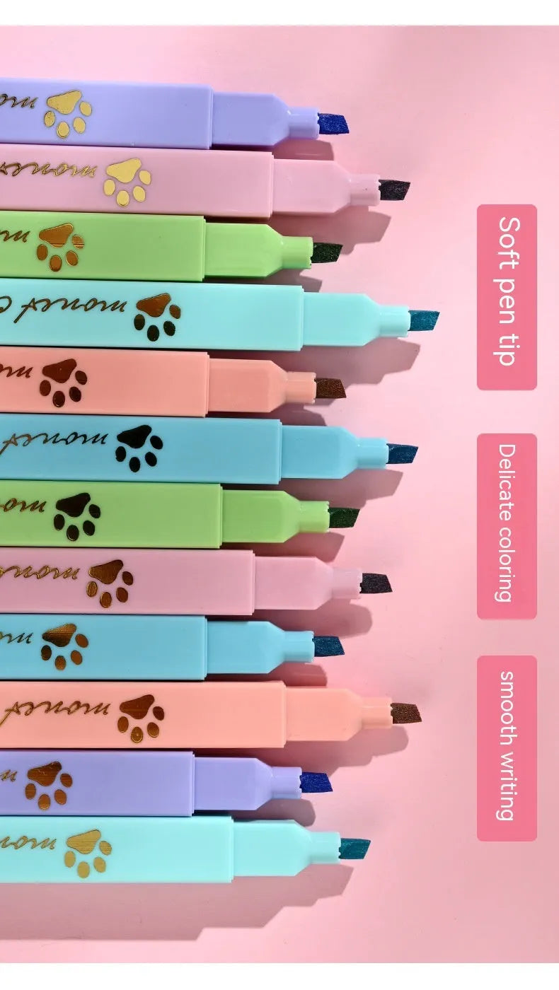 Cat's Paw brand set of six fluorescent marker pens with oblique nibs in a box.