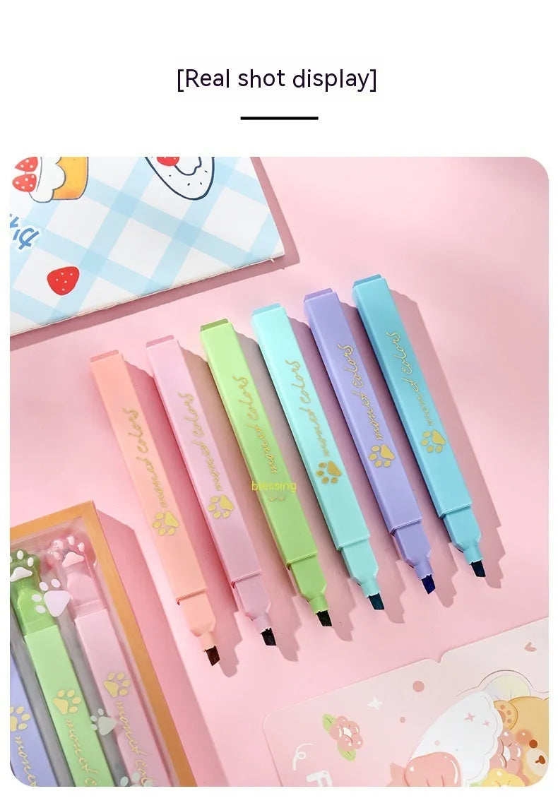 Cat's Paw brand set of six fluorescent marker pens with oblique nibs in a box.