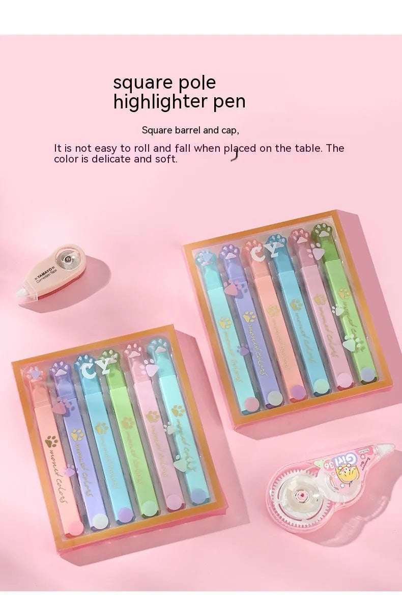 Cat's Paw brand set of six fluorescent marker pens with oblique nibs in a box.
