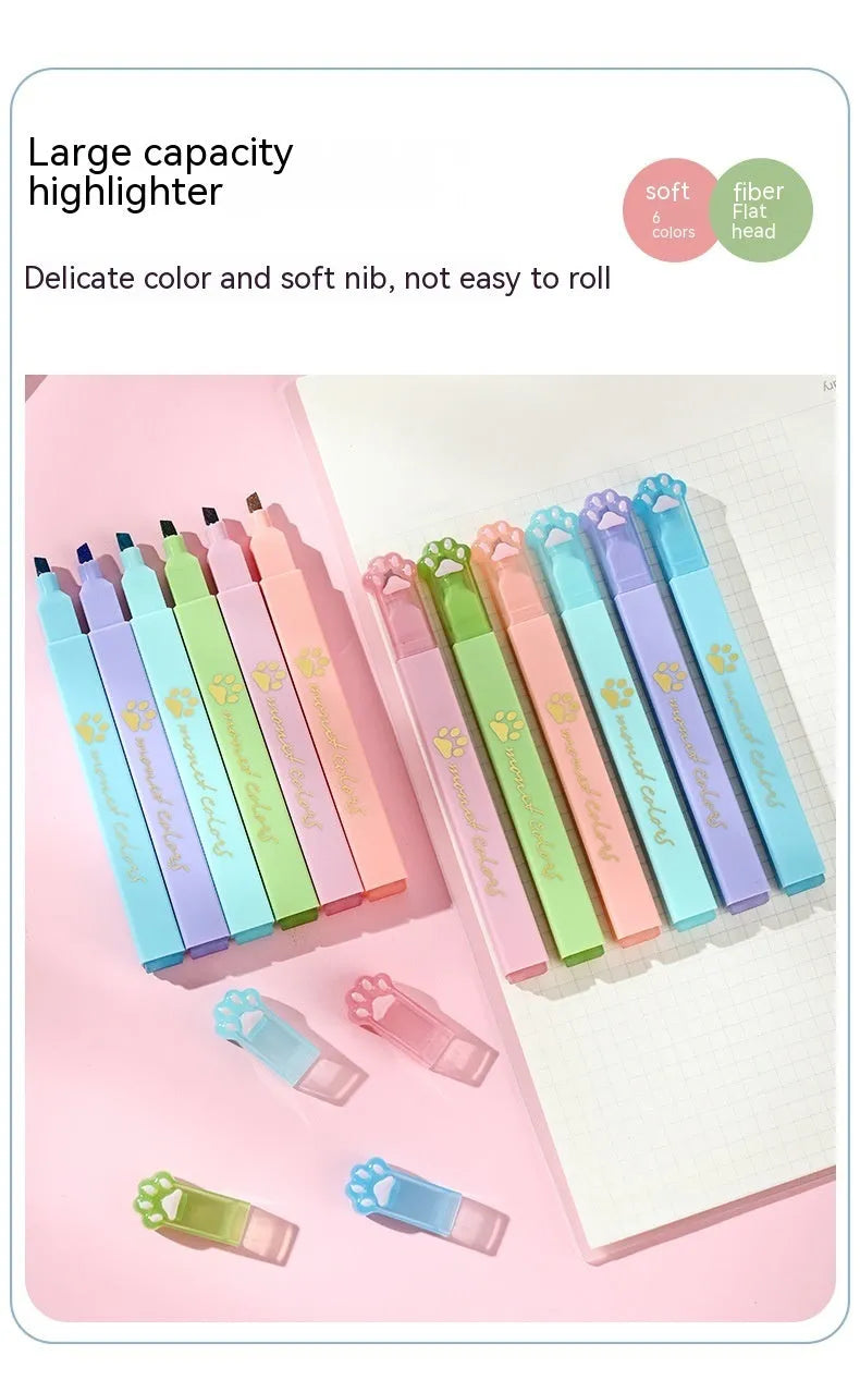 Cat's Paw brand set of six fluorescent marker pens with oblique nibs in a box.