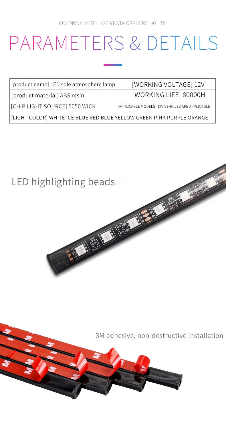 Car LED atmosphere lighting strip showing eight RGB colours with voice control and app connectivity