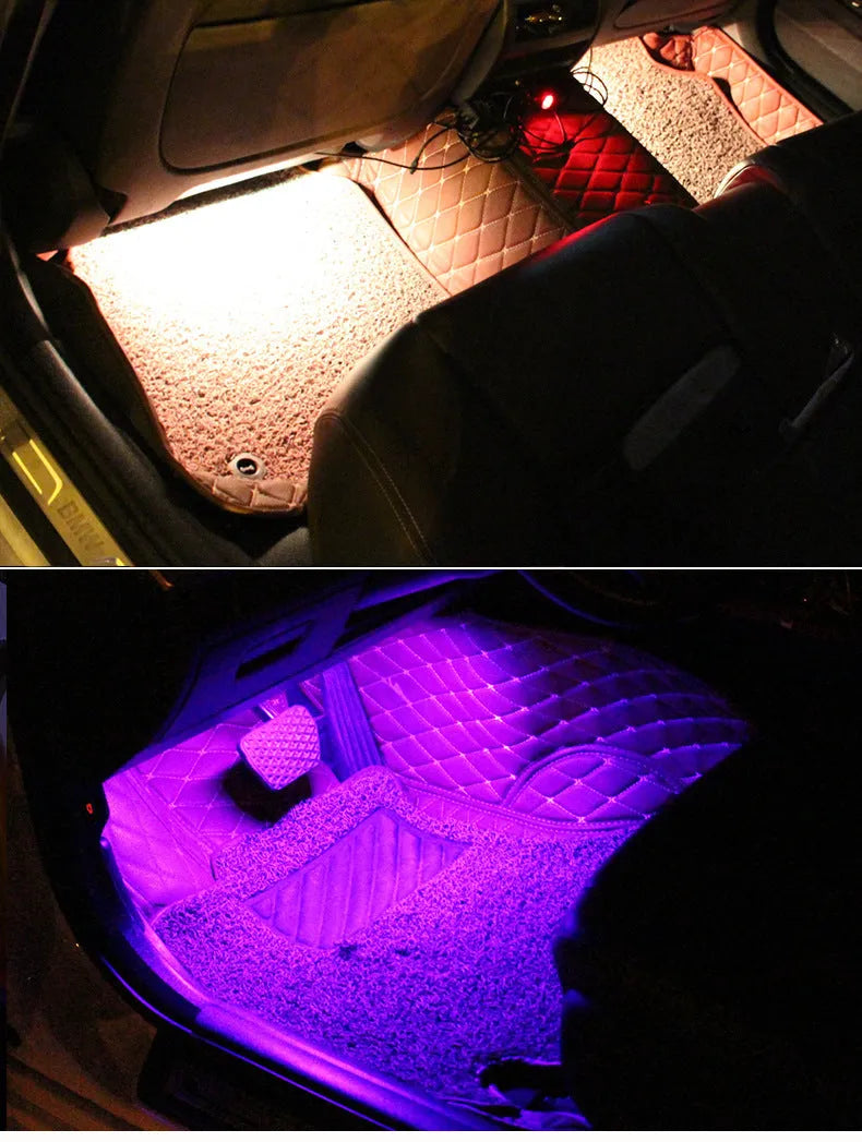 Car LED atmosphere lighting strip showing eight RGB colours with voice control and app connectivity