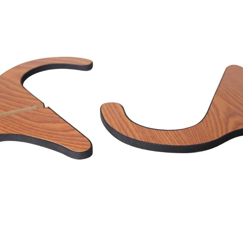 Wooden folding ukulele stand with EVA anti-slip foam holding a ukulele upright