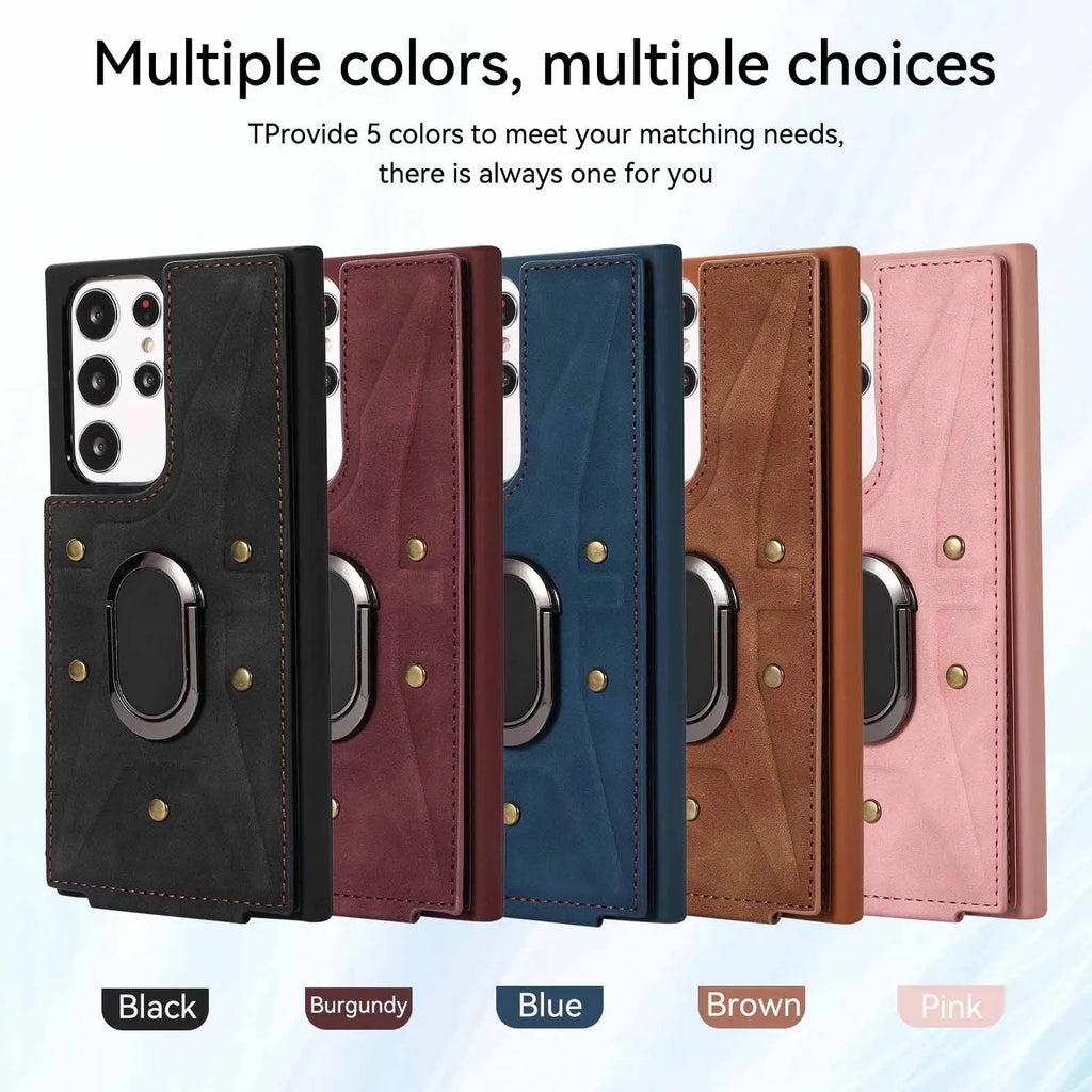 Samsung phone case with finger ring, bracket, and multi-card slot in PU and TPU finish, black colour