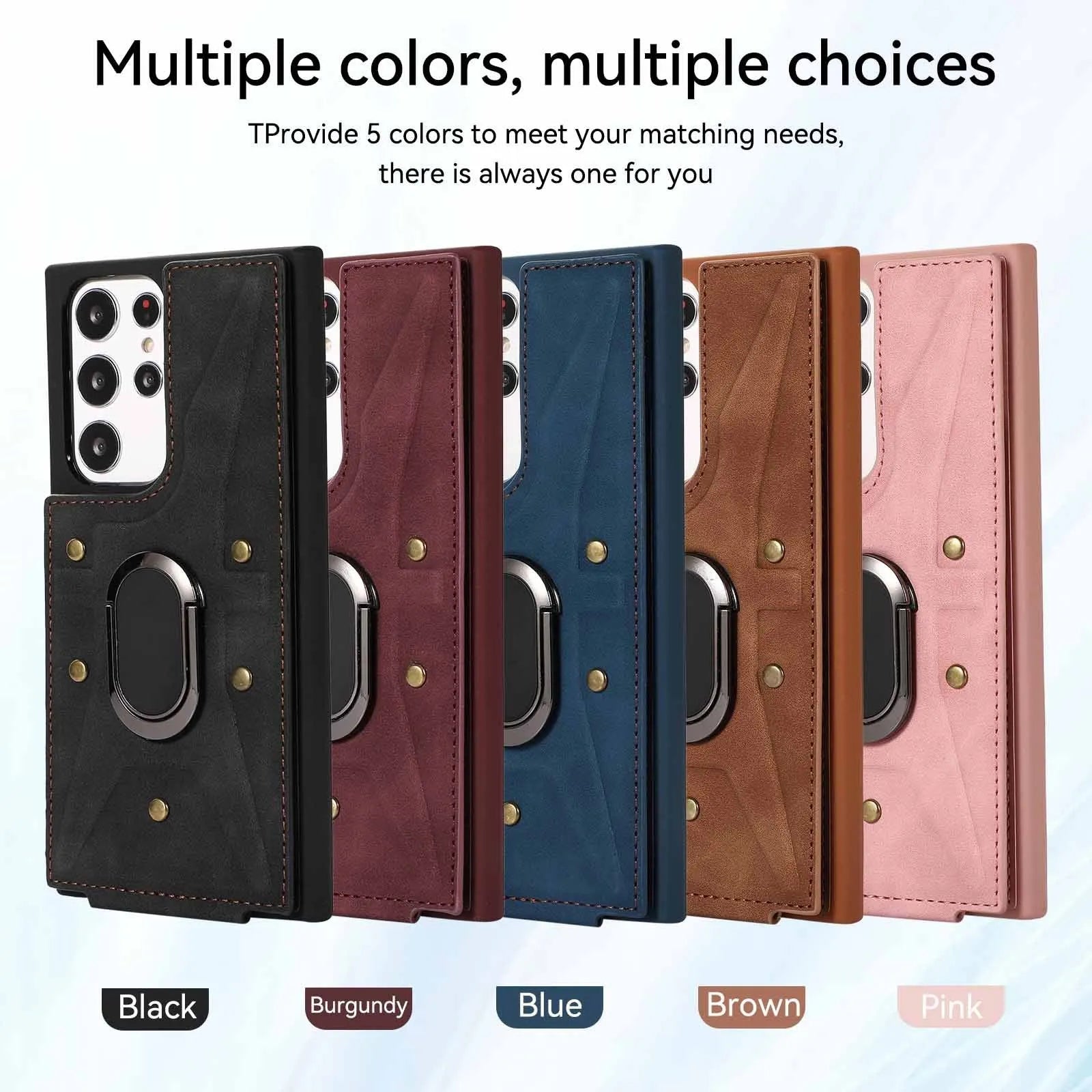 Samsung phone case with finger ring, bracket, and multi-card slot in PU and TPU finish, black colour