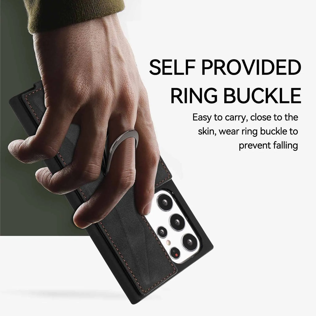 Samsung phone case with finger ring, bracket, and multi-card slot in PU and TPU finish, black colour