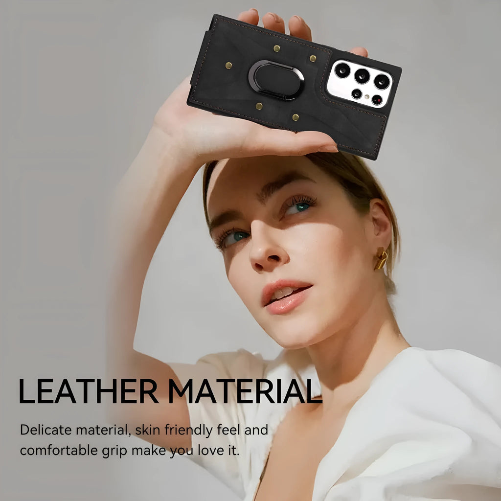 Samsung phone case with finger ring, bracket, and multi-card slot in PU and TPU finish, black colour