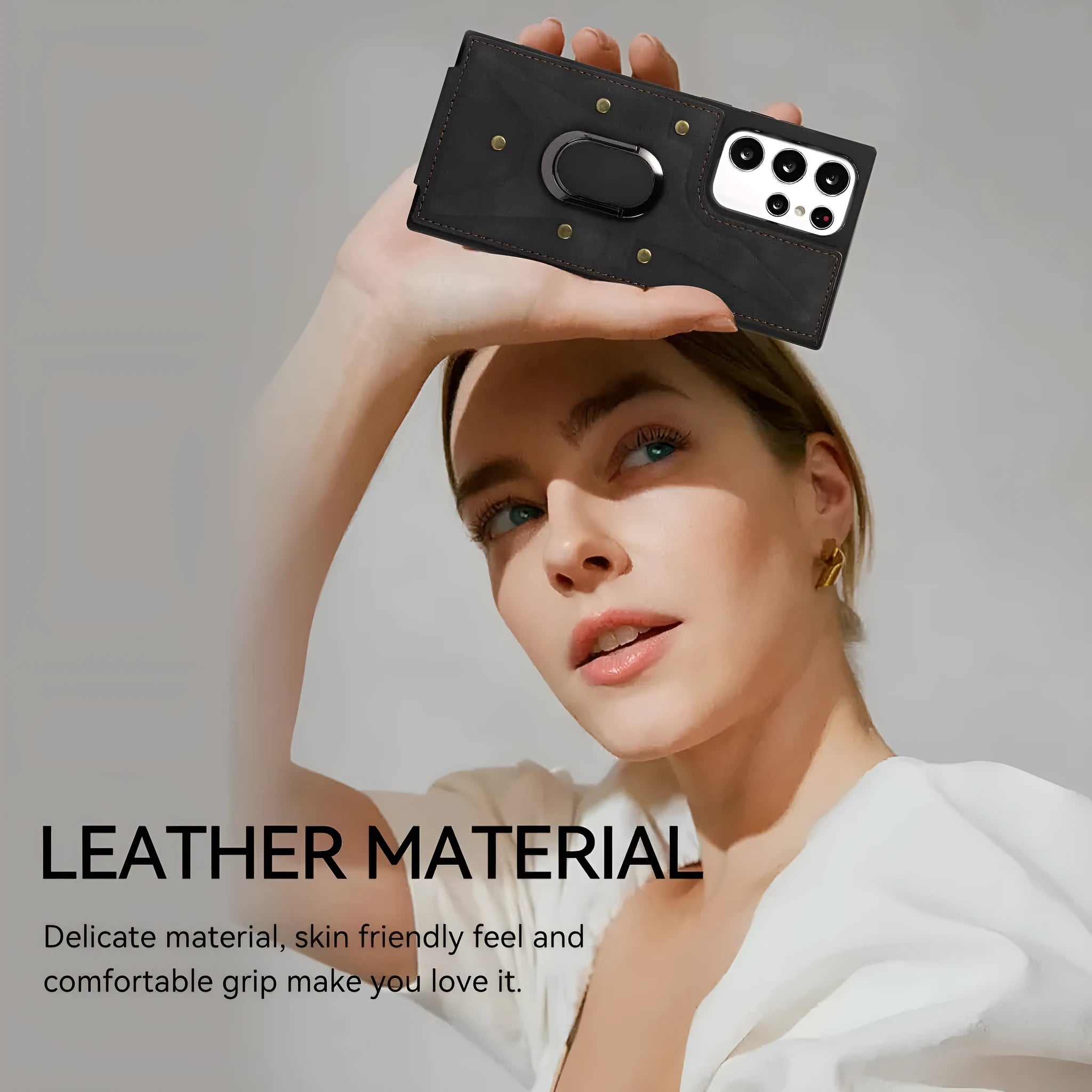 Samsung phone case with finger ring, bracket, and multi-card slot in PU and TPU finish, black colour