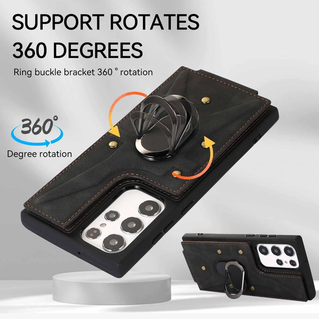 Samsung phone case with finger ring, bracket, and multi-card slot in PU and TPU finish, black colour