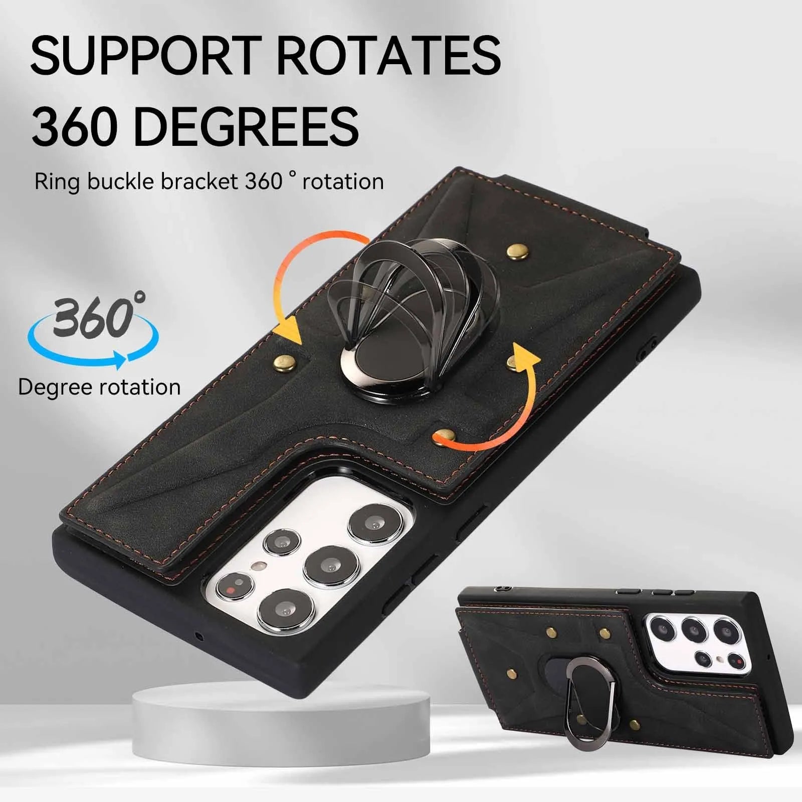 Samsung phone case with finger ring, bracket, and multi-card slot in PU and TPU finish, black colour
