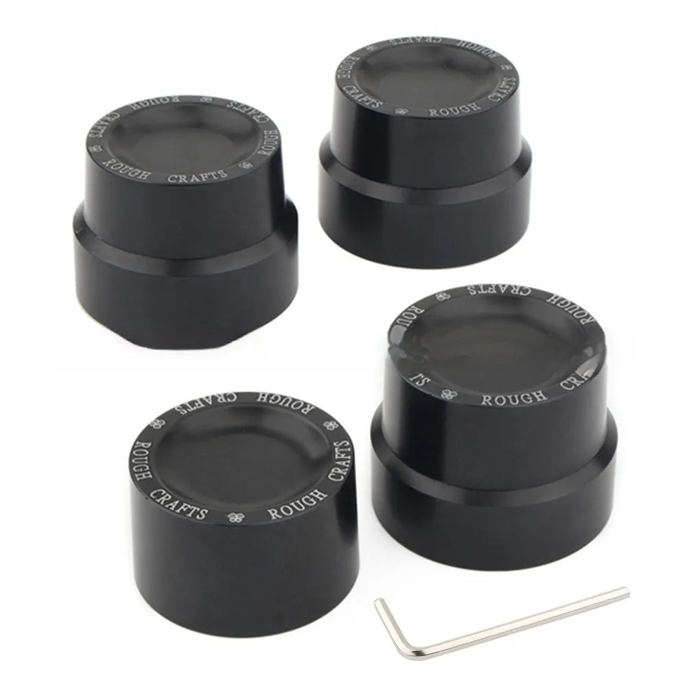 Black CNC aluminium front and rear axle decorative cover caps for Harley Sportster motorcycles.