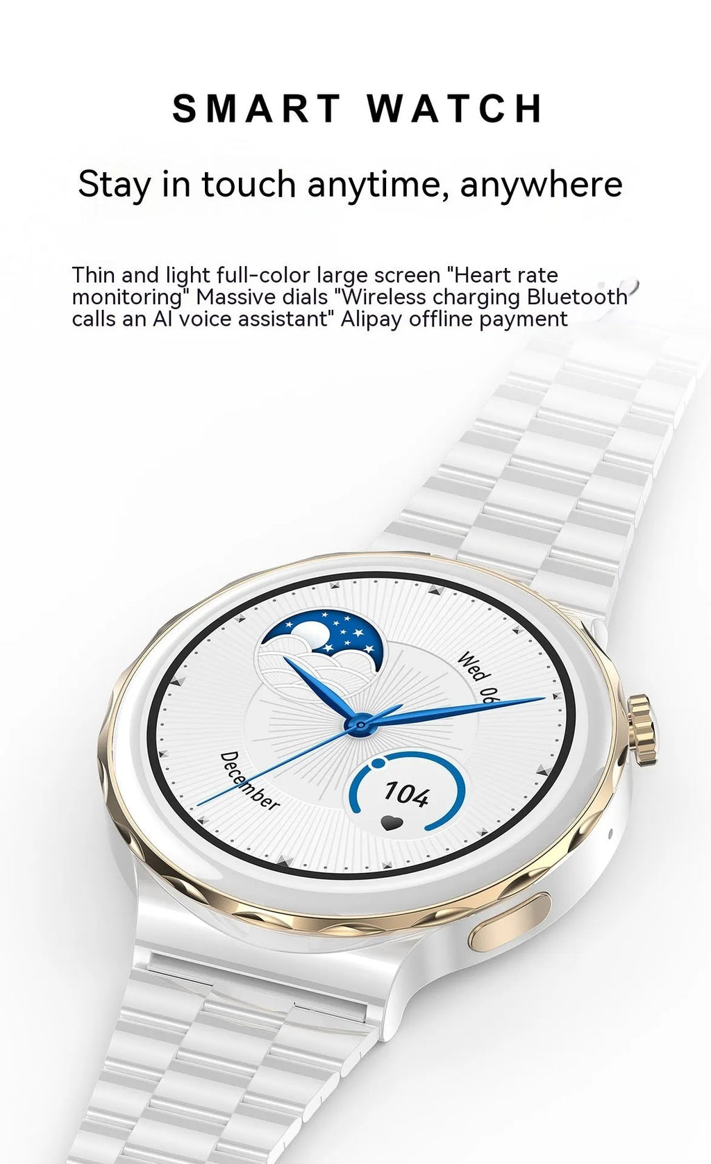 HK43 women's smart watch with gold case and white leather band, side view showing touch screen and crown button