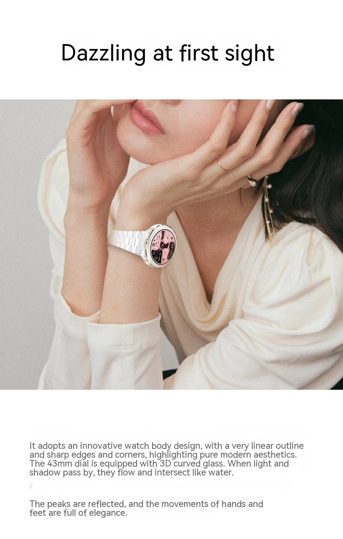 HK43 women's smart watch with gold case and white leather band, side view showing touch screen and crown button