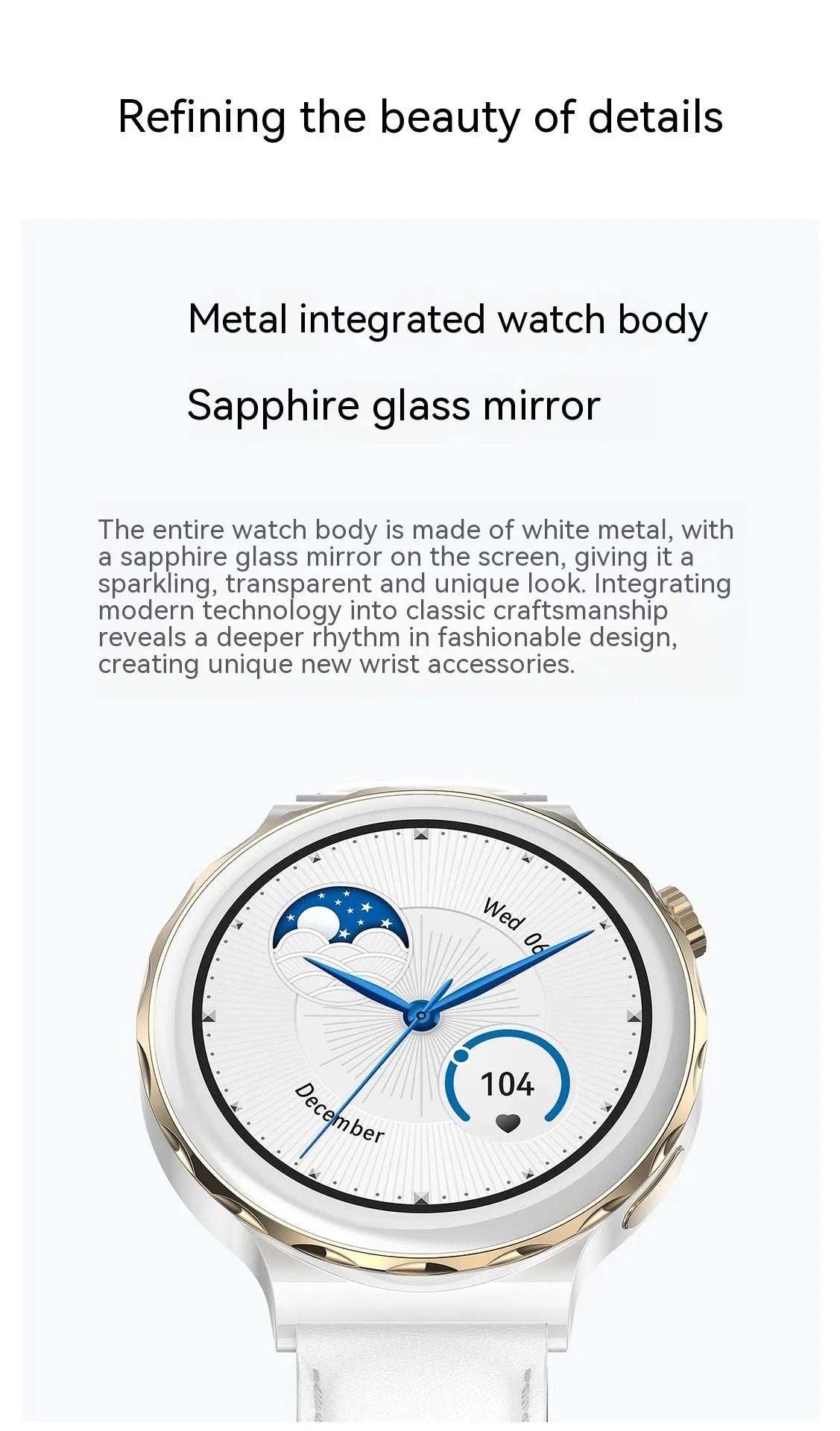 HK43 women's smart watch with gold case and white leather band, side view showing touch screen and crown button