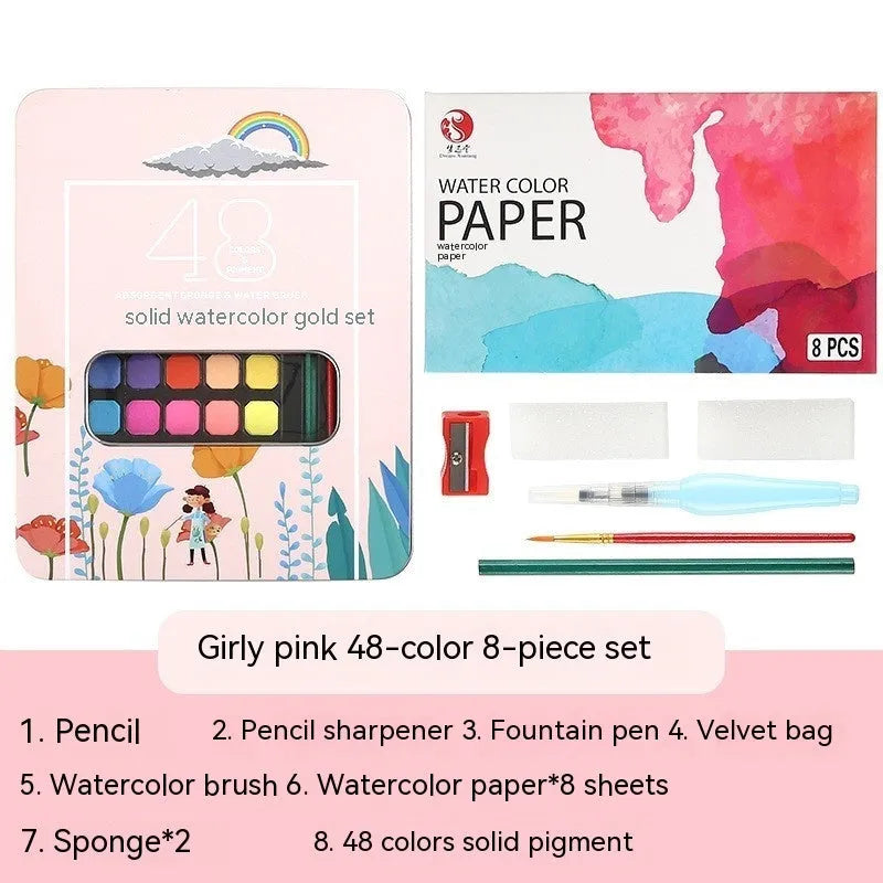 Boxed set of 48 solid watercolour paint blocks for gouache painting and sketching.