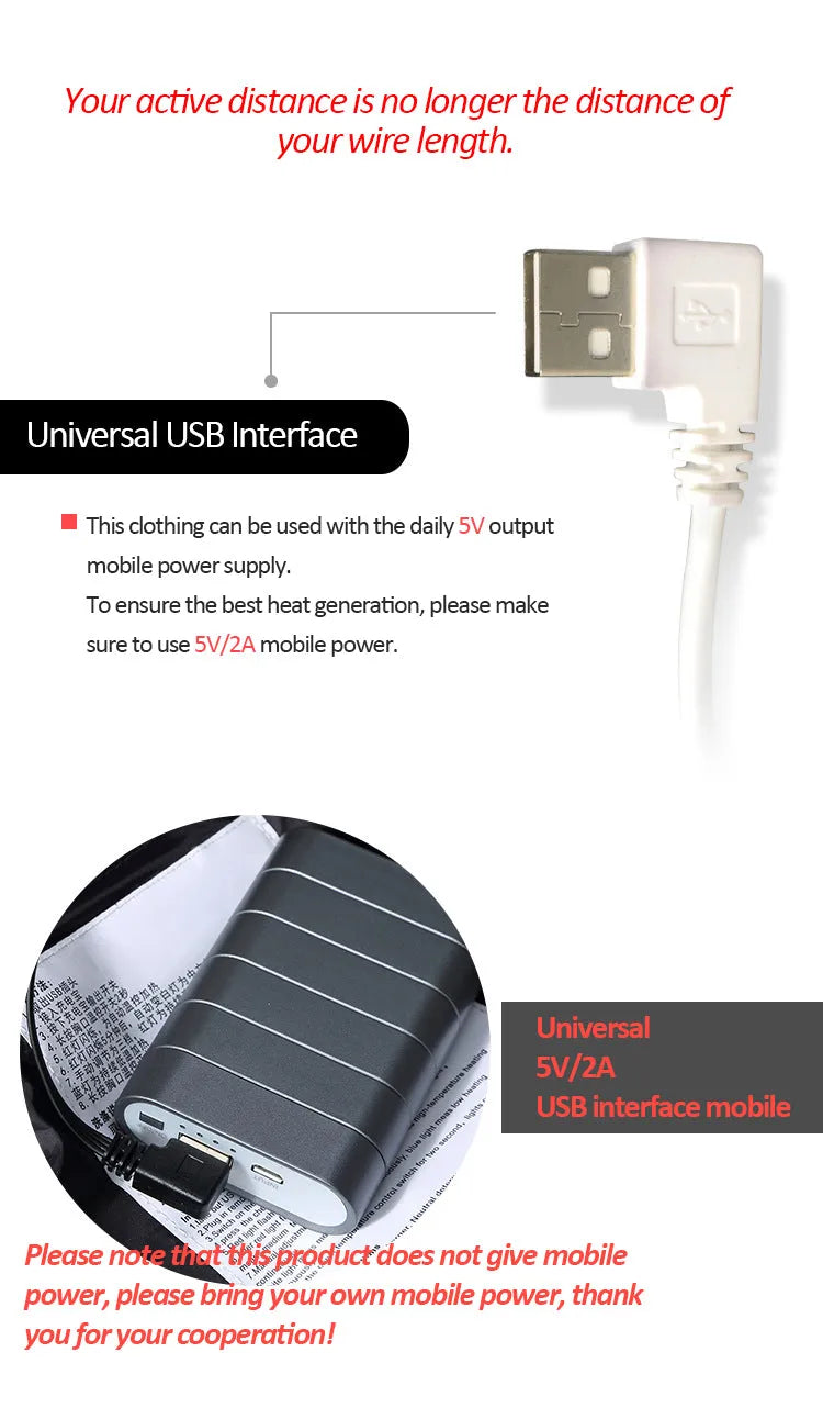 Men's USB heated jacket with carbon fiber pads, 3-level control, polyester shell, available in black, blue, red