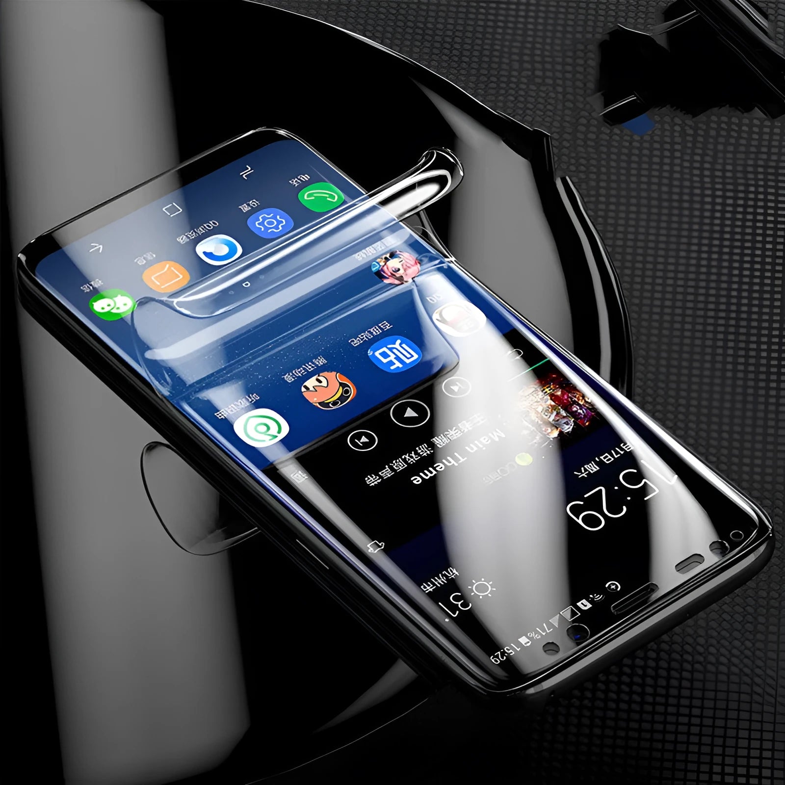 Curved hydrogel screen protector for Samsung Galaxy phone on a purple background.