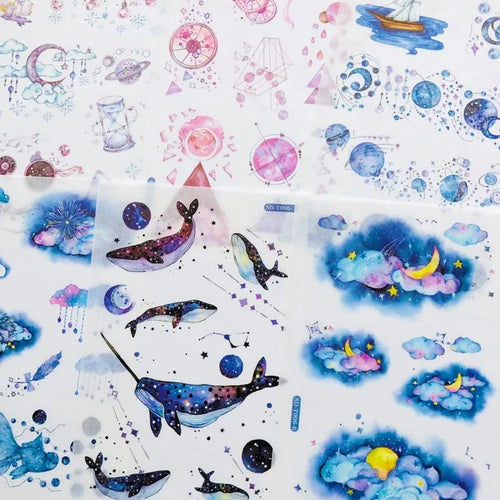 Abu Japanese paper sticker set with fantasy stars pattern, showing 10.5 by 14.1 cm size