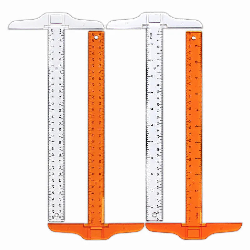 Orange yellow and transparent plastic T-square rulers measuring 30cm for design and drafting.