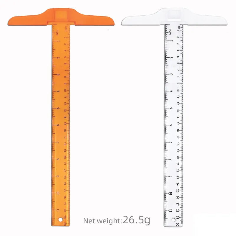 Orange yellow and transparent plastic T-square rulers measuring 30cm for design and drafting.