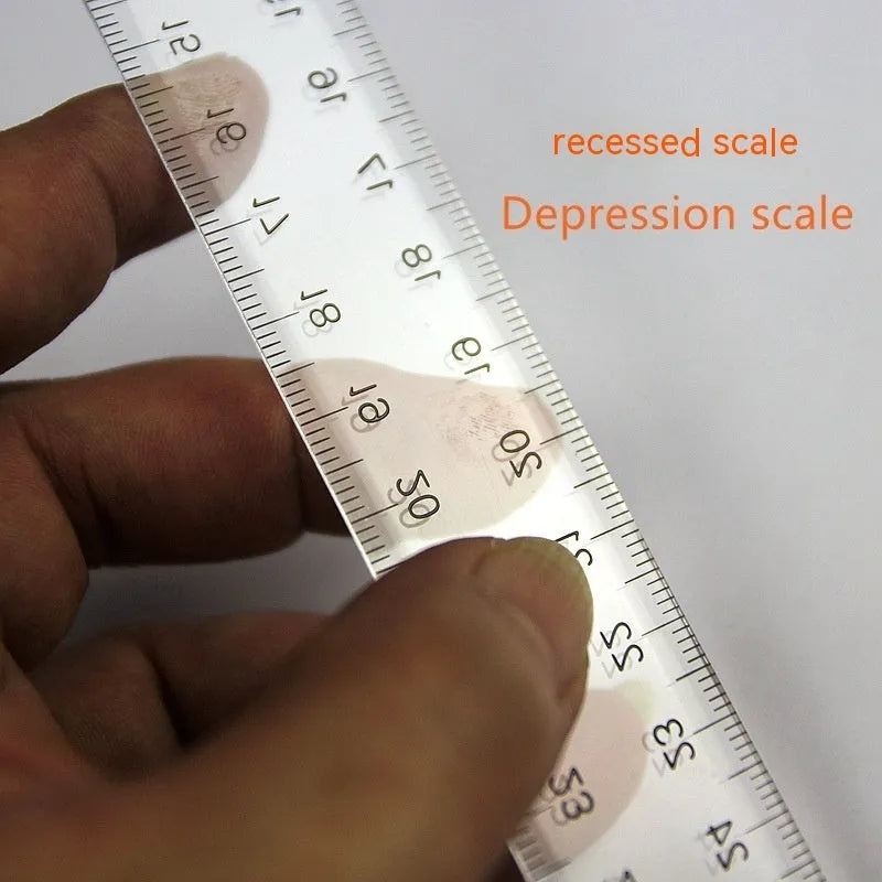 Orange yellow and transparent plastic T-square rulers measuring 30cm for design and drafting.