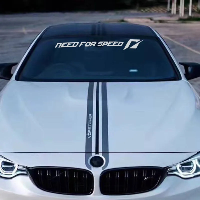 Need For Speed windshield and side car sticker decal in white, rose, or silver, showing 55cm and 90cm length options.