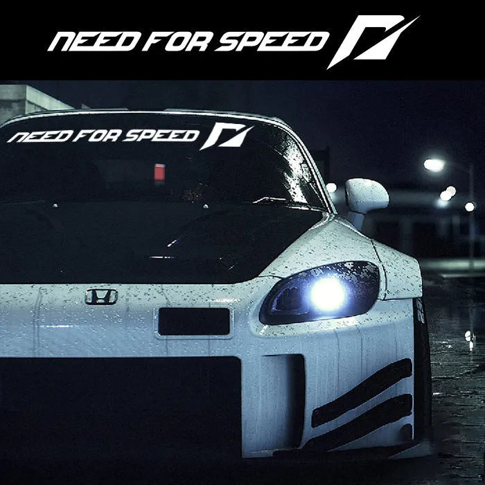 Need For Speed windshield and side car sticker decal in white, rose, or silver, showing 55cm and 90cm length options.