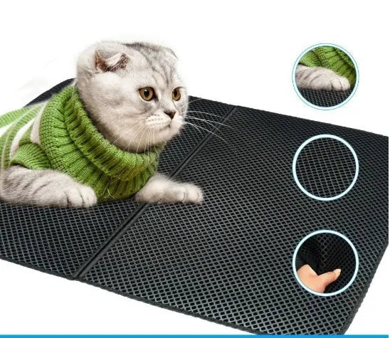 Waterproof EVA double-layer cat litter mat in black honeycomb design, size L foldable, placed under a litter box