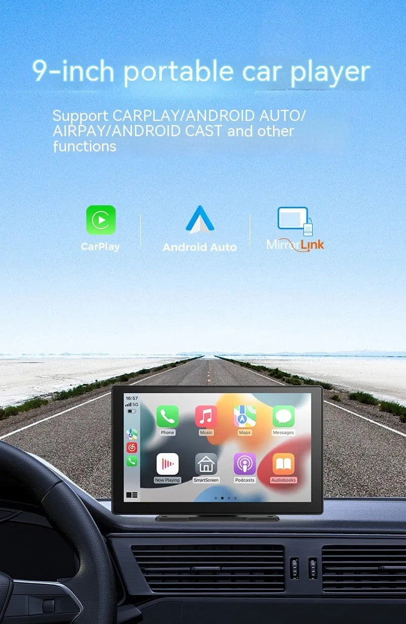 9-inch CarPlay driving recorder with dual cameras for front and rear recording installed in vehicle centre console