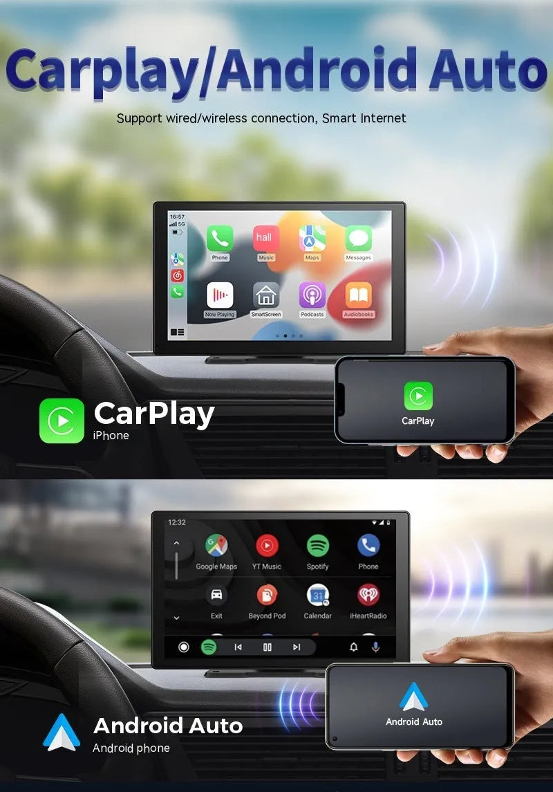 9-inch CarPlay driving recorder with dual cameras for front and rear recording installed in vehicle centre console