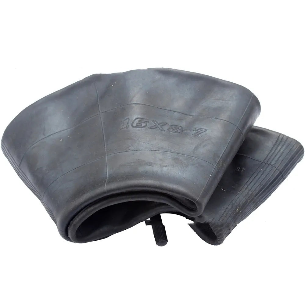 Set of two 16x8.00-7 size black inner tubes with TR13 straight valve stems and four dust caps.