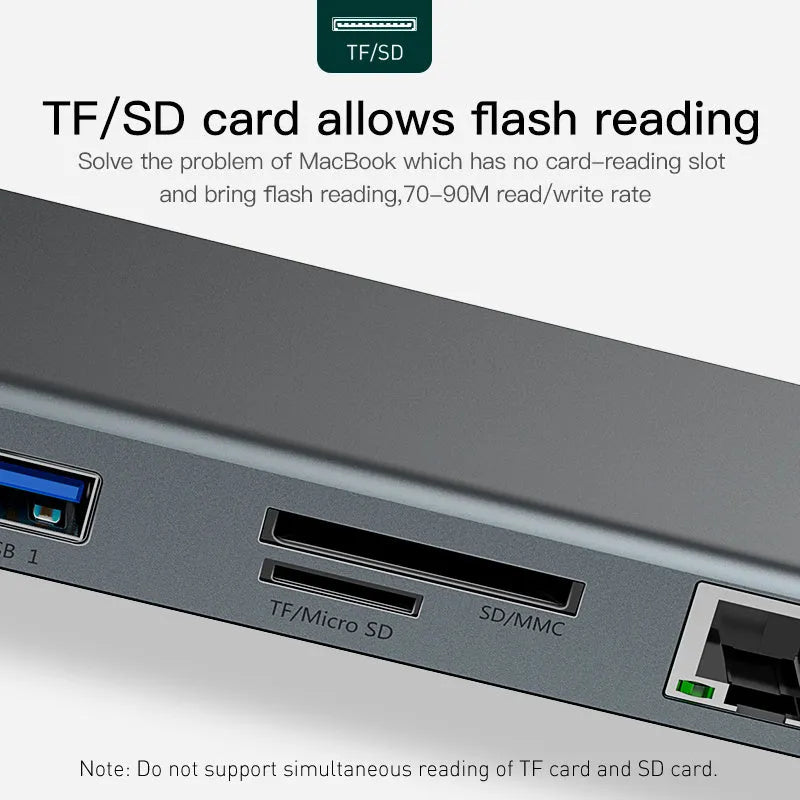 Grey aluminium alloy ten-port docking station hub with cooling bracket showing HDMI, VGA and USB ports