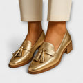 Gold low heel plus size tassel slip-on women's pumps with square toe and rubber sole